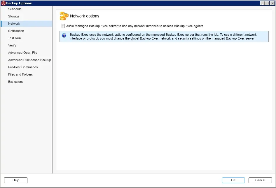 backup exec network options