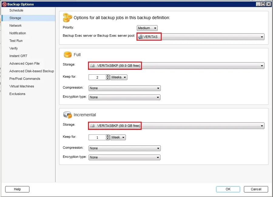 backup exec option storage