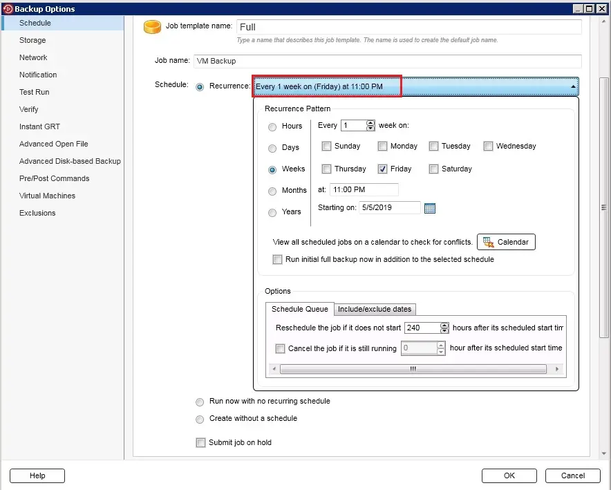 backup exec option schedule