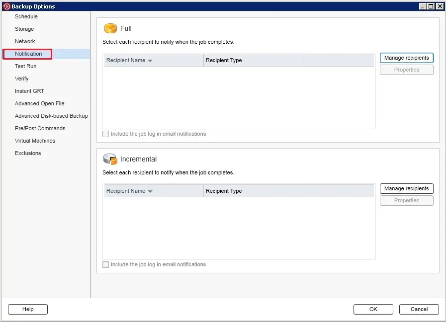 backup exec options notification