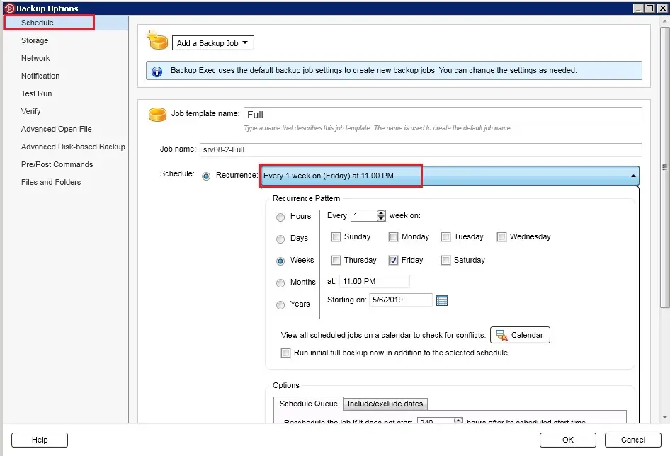 backup exec options schedule