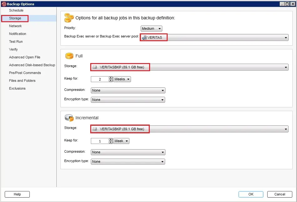 backup exec options storage