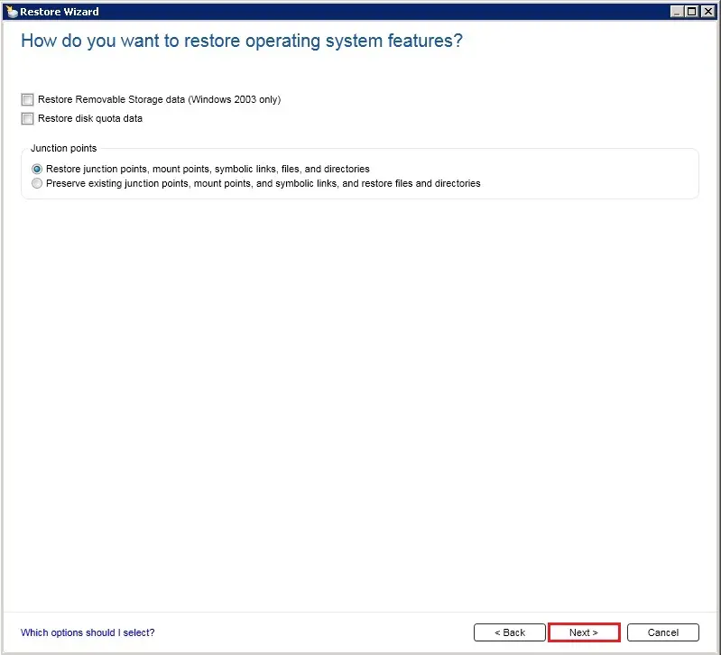 backup exec restore junction points