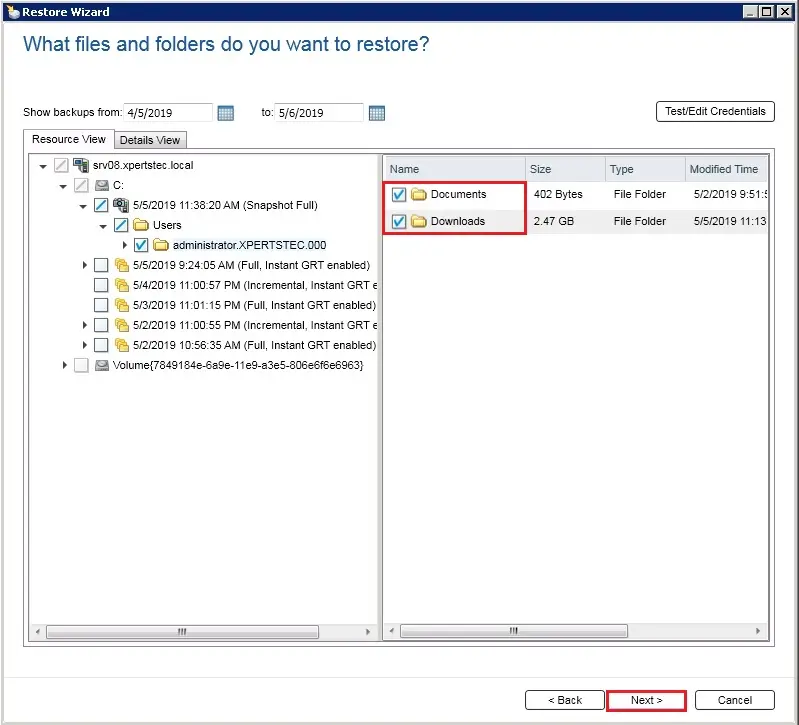 backup exec restore resource view