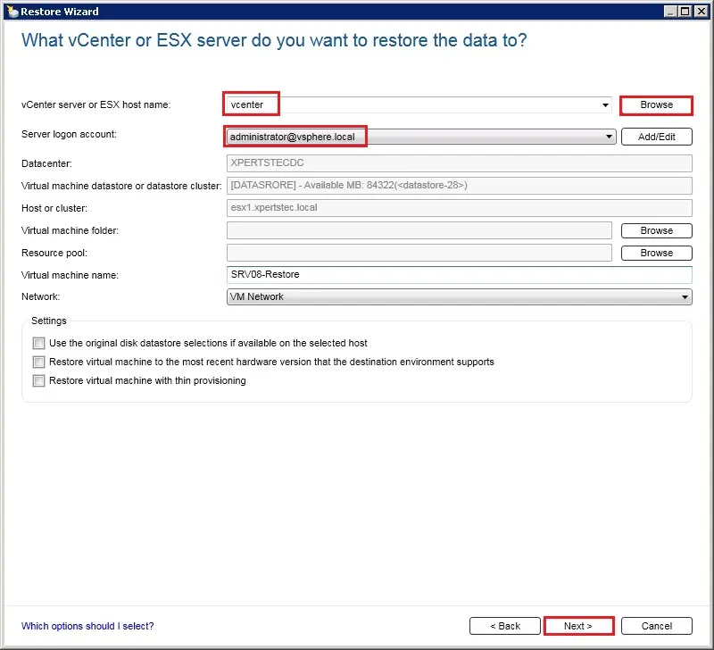 backup exec restore vcenter login account