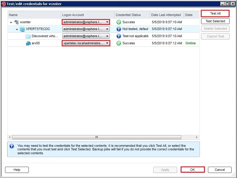 backup exec test edit credentials