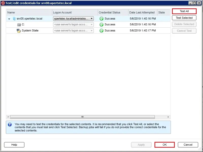 backup exec test edit credentials