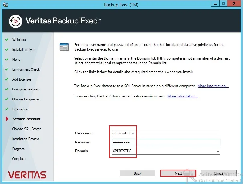 install backup exec service account