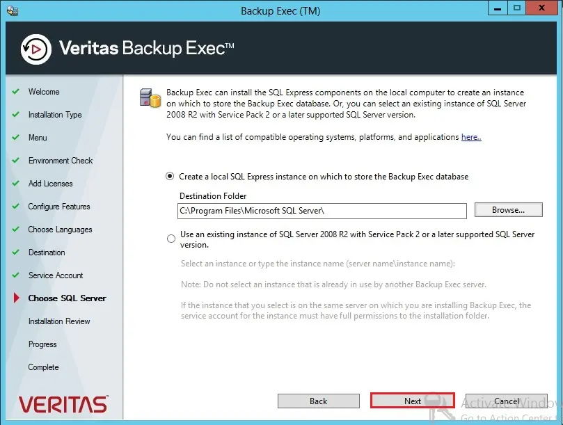 install backup exec sql server