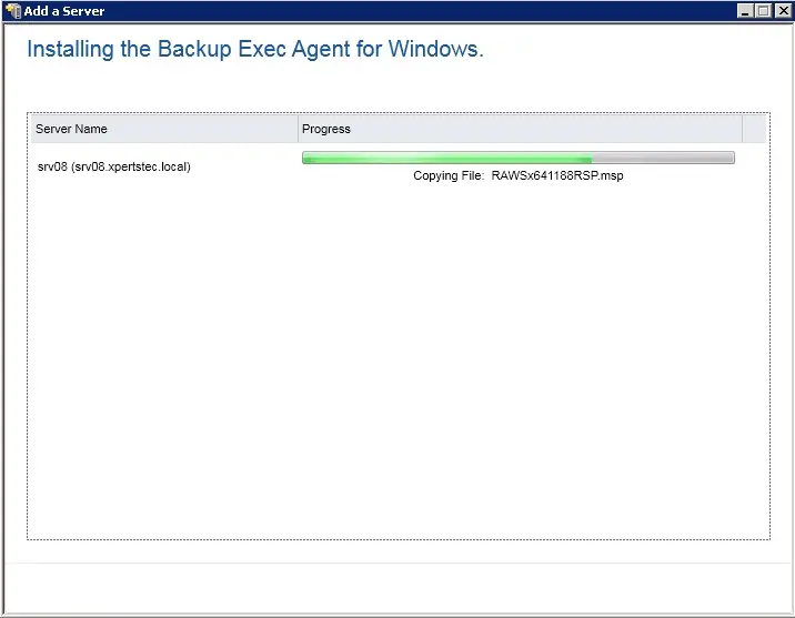 installing backup exec progress