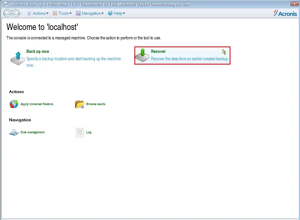 restore acronis backup connect to this machine
