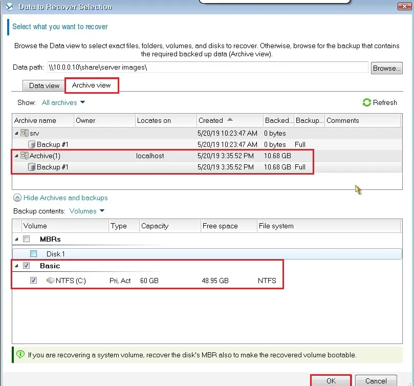 restore acronis data to recover archive view