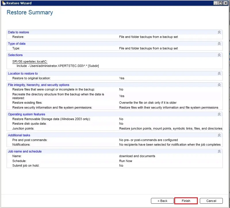 restore files and folder summary