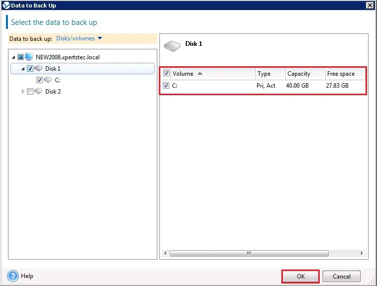 select data to backup disk volume