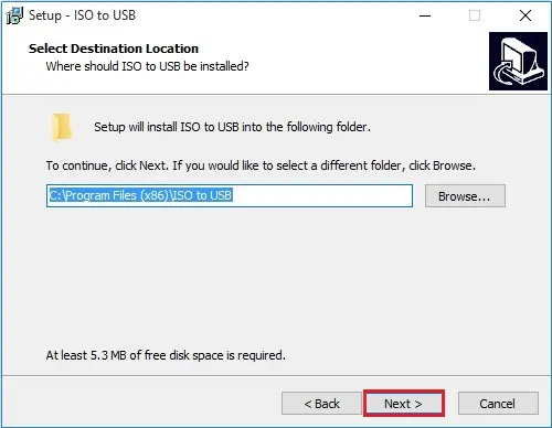 setup iso to usb destination location