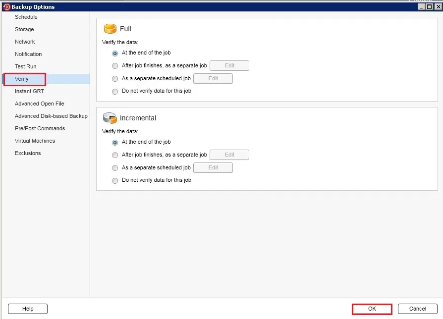 veritas backup definition options