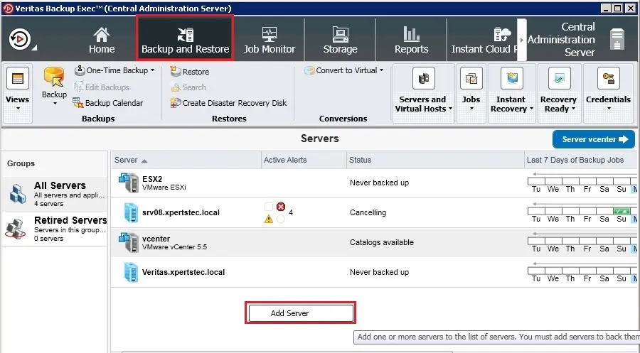 veritas backup exec add server