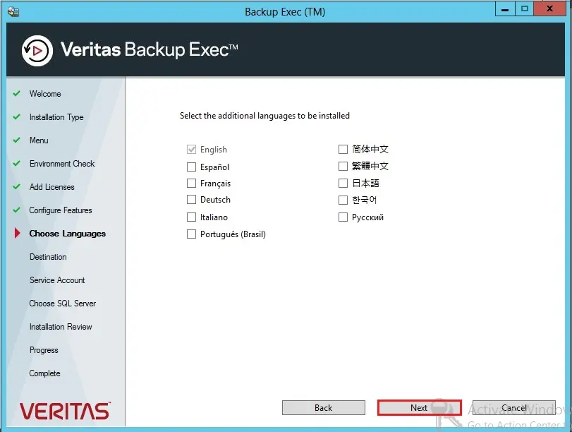 veritas backup exec additional language