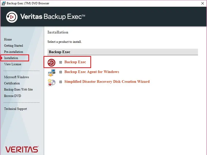 veritas backup exec installation