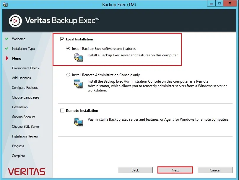 veritas backup exec local installation