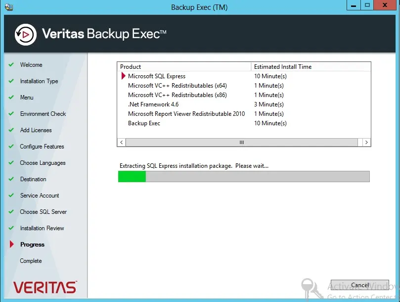 veritas backup exec progress