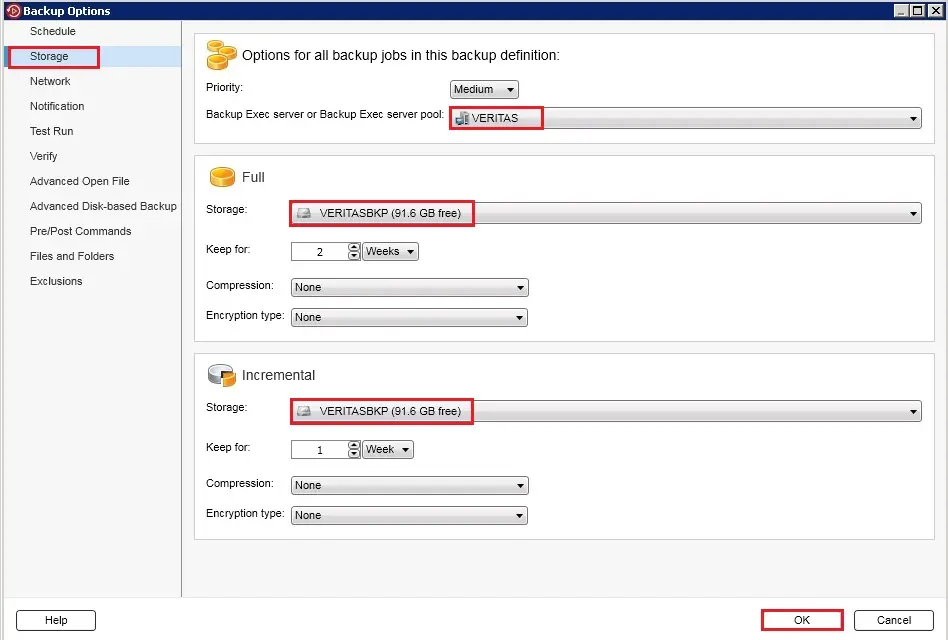 veritas backup options storage