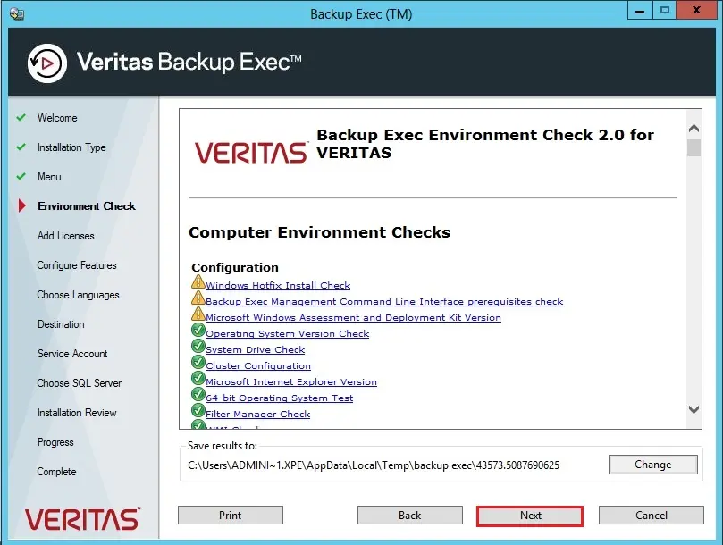 veritas computer environment check