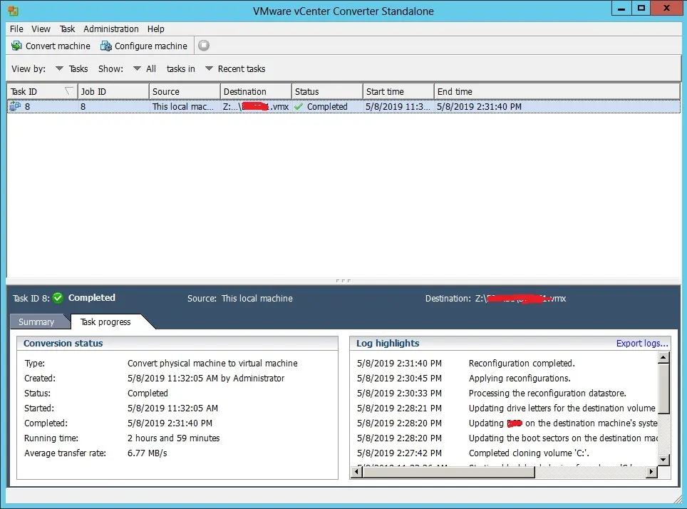 vmware converter standalone task progress