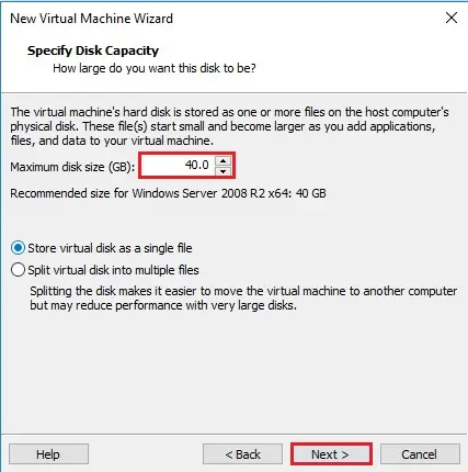 vmware player specify disk capacity