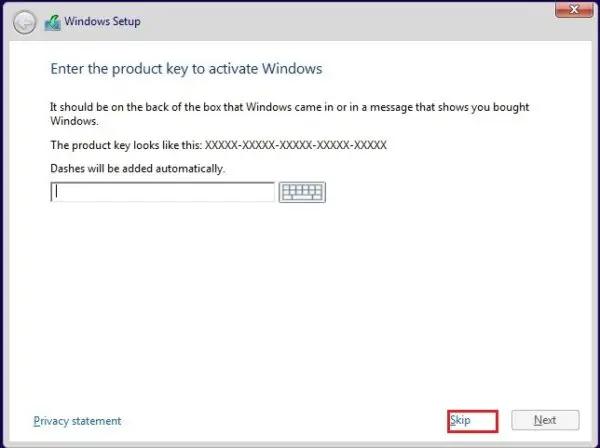 windows 10 setup install key