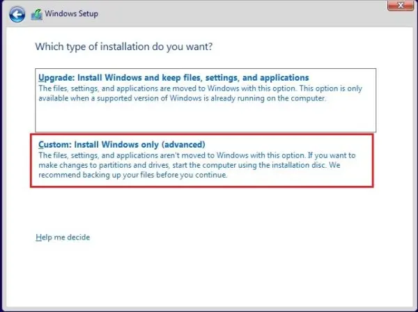 windows setup custom install