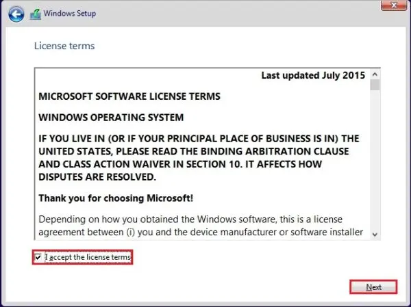 windows setup license terms