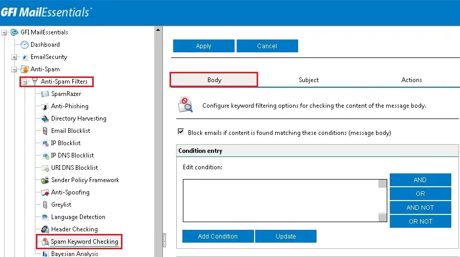 Spam Keyword Checking, Export &#038; Import Spam Keyword Checking GFI MailEssentials Configuration