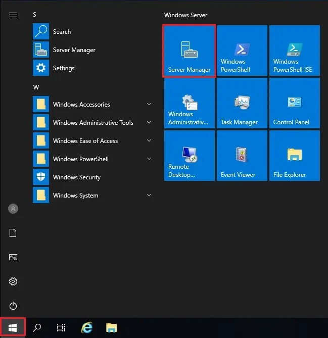 Windows server menu