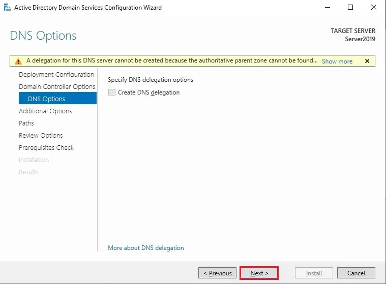 active director domain server 2019 dns options