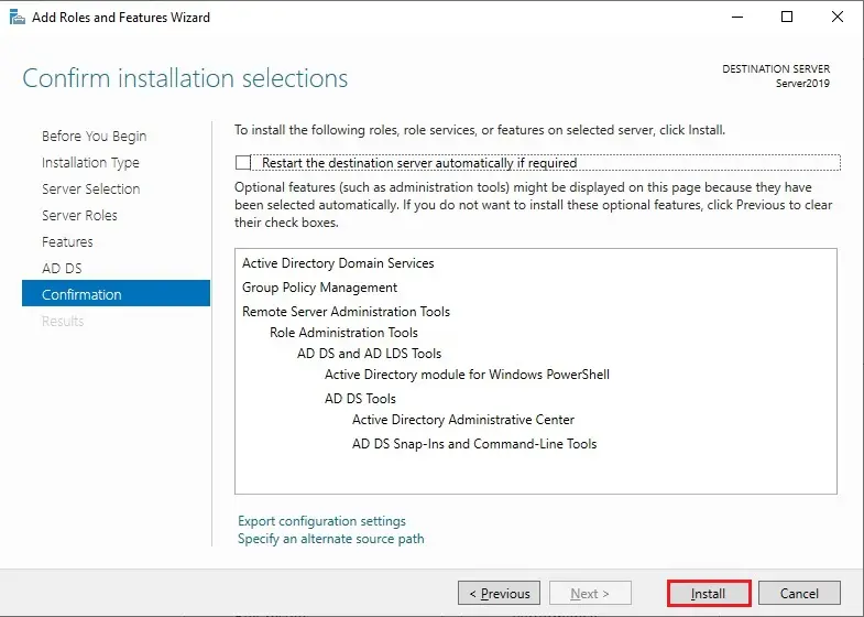 active director server 2019 confirm installation