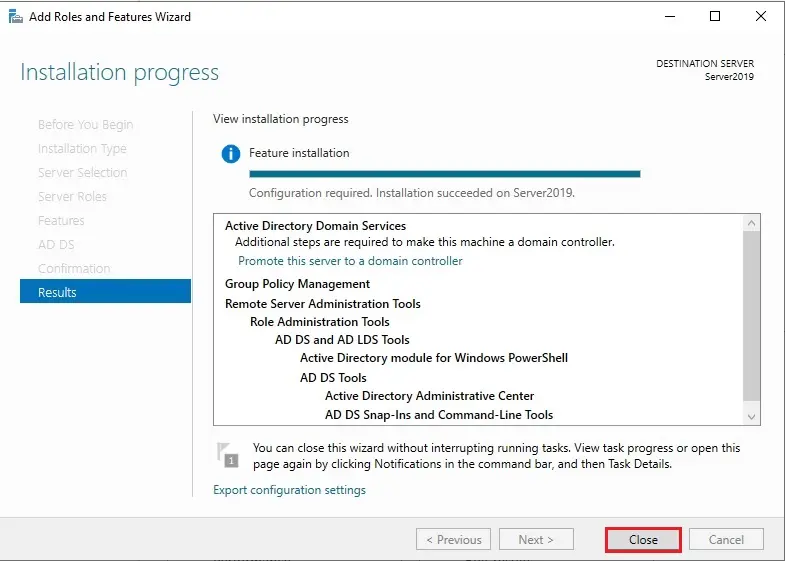 active director server 2019 installation selections