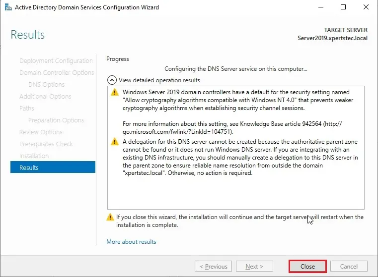 active directory 2019 configuration wizard result