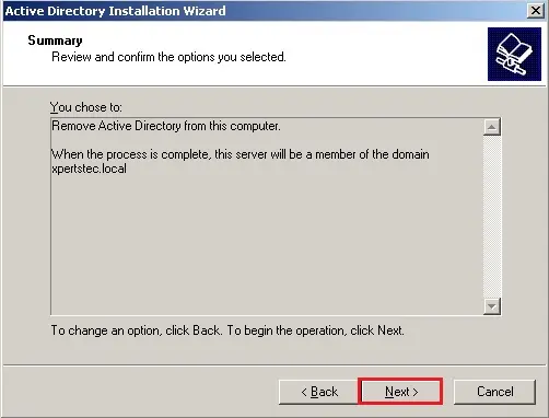 active directory installation wizard summary