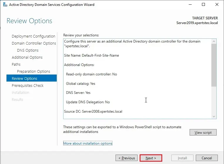 additional domain controller review options