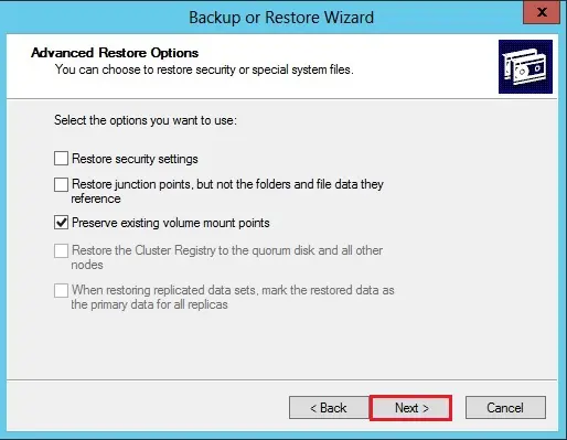 bkf advanced restore options