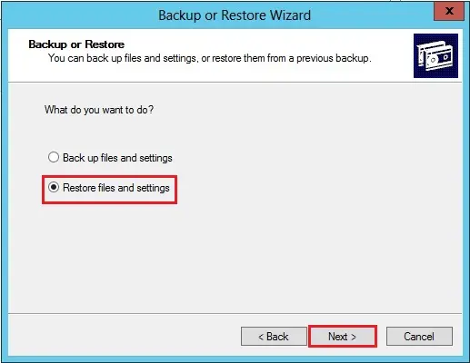 bkf restore files and settings