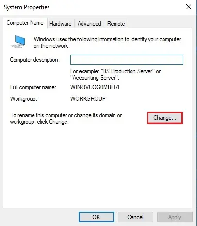 change computer name server 2016