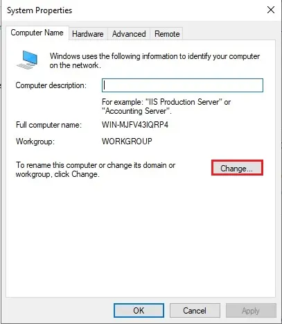 change computer name server 2019