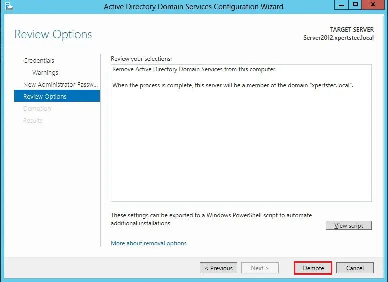 demote this domain controller review options