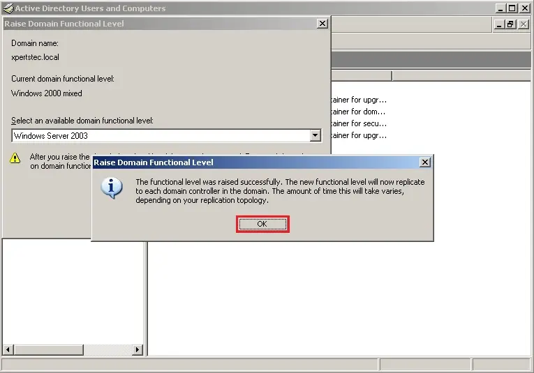 domain functional level raised sever 2003