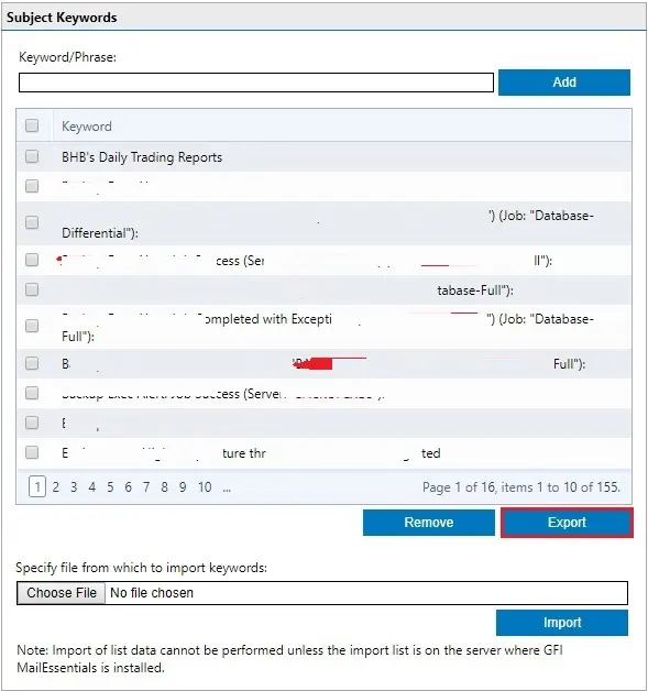 export subject whitelist gfi mailessentials