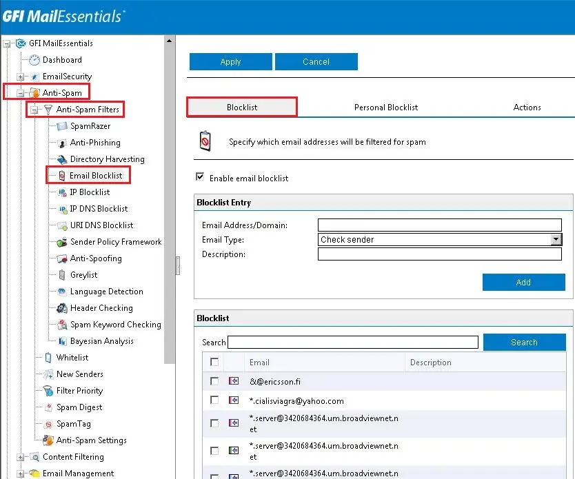 gfi mailessentials anti spam email blocklist