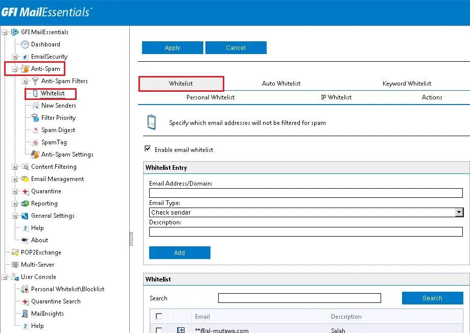 gfi mailessentials anti spam whitelist