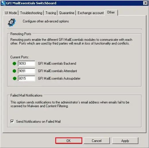 gfi mailessentials configure remoting ports